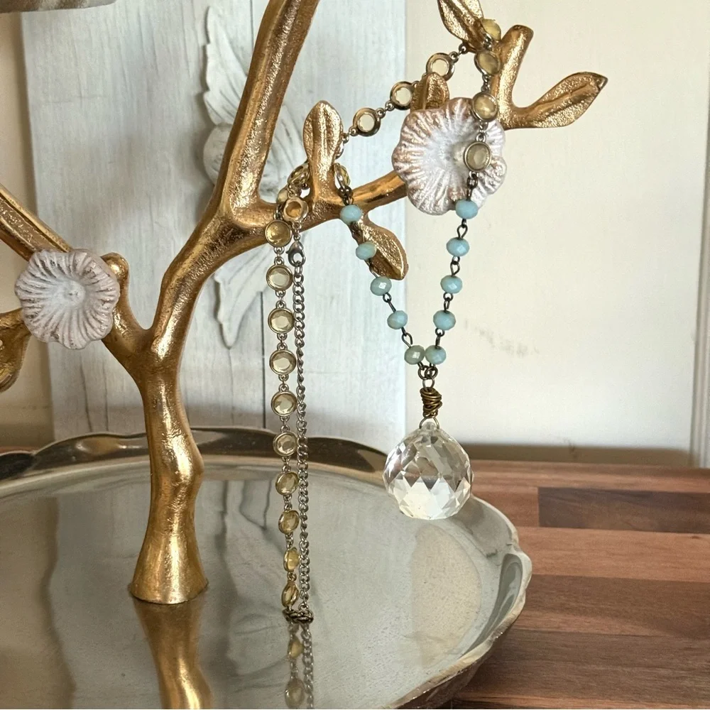 Vintage Elegant Crystal Pendant Necklace, Gold & Rosary Beads, 30”Inches - Picture 3 of 7